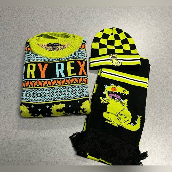 Dolls Kill Sweaters - Rugrats Cheerful REX Holiday Knit Sweater w/ Scarf & Hat  Size Medium/Large